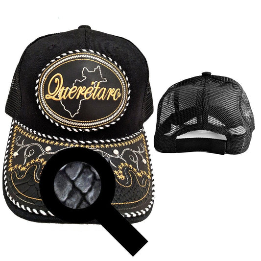 Black adjustable cap with Queretaro patch and snake-skin embroidery