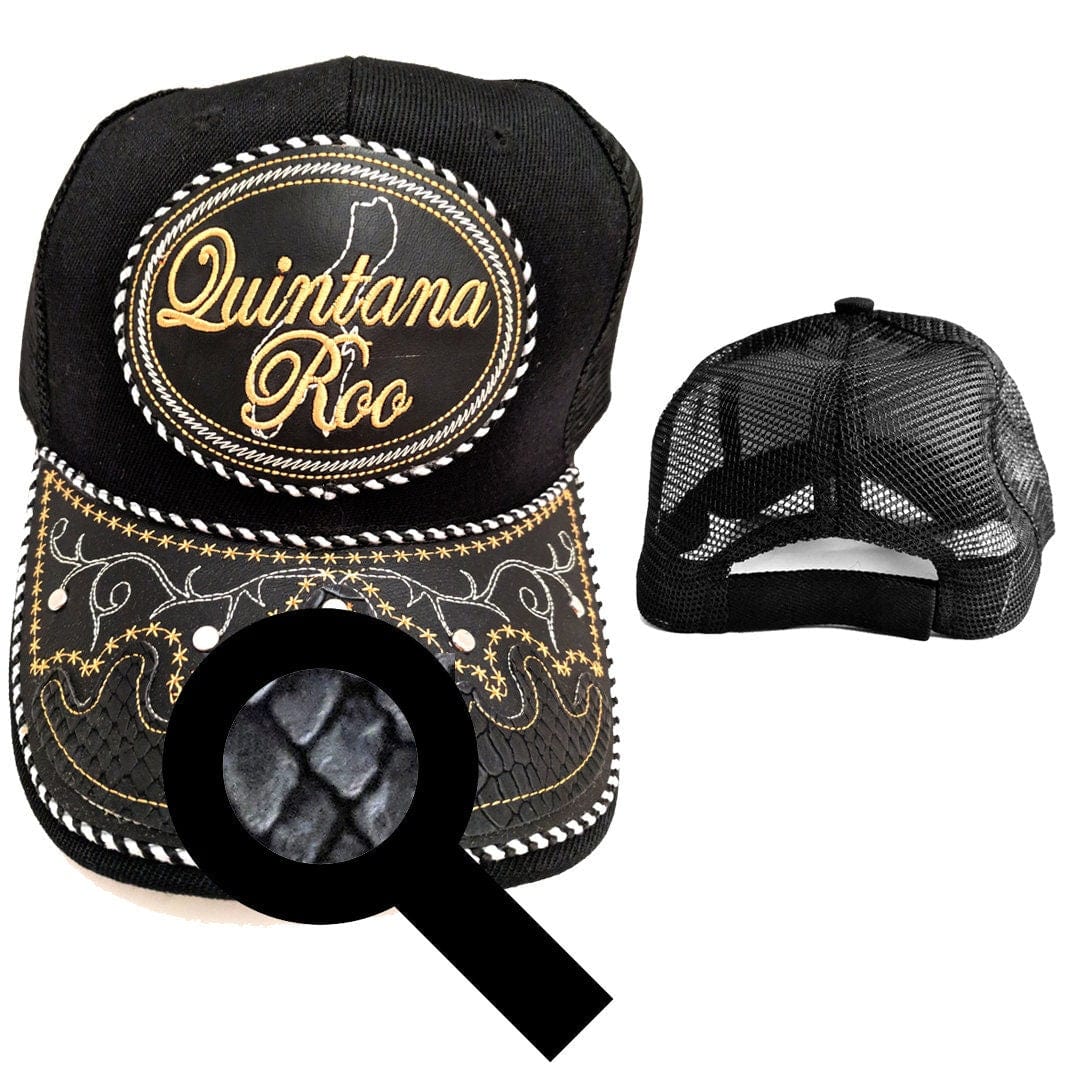 Quintana Roo Hat, Adjustable Unisex, Charro Style, Polyester/Acrylic, Embroidered Snake Skin Design in Black, One Size