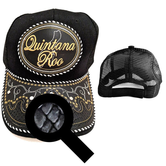 Quintana Roo Hat, Adjustable Unisex, Charro Style, Polyester/Acrylic, Embroidered Snake Skin Design in Black, One Size