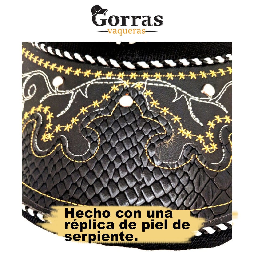 Quintana Roo Hat, Adjustable Unisex, Charro Style, Polyester/Acrylic, Embroidered Snake Skin Design in Black, One Size