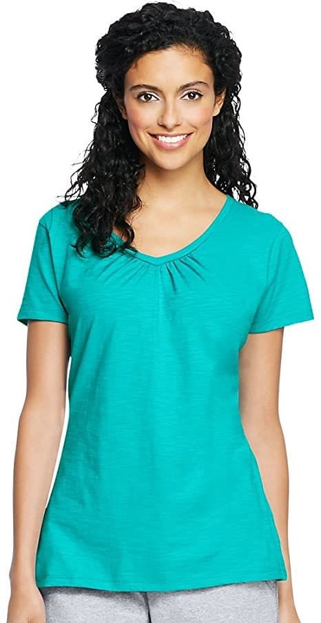 Hanes Women's Shirred V Neck T Shirt, S,