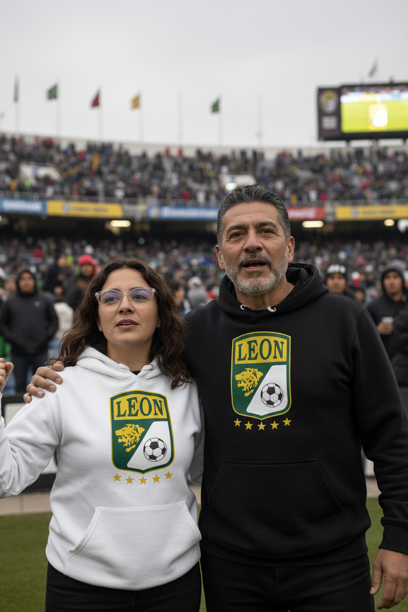 A man and a woman standing together in a stadium, both wearing hoodies with the Leon soccer team crest. The woman wears a white hoodie, and the man wears a black hoodie.
