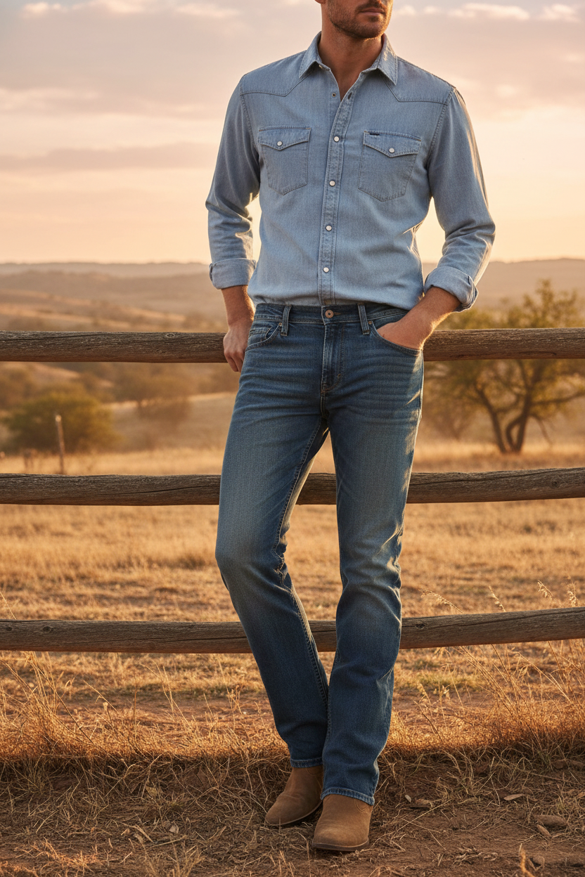 A pair of Levi's men's slim bootcut fit jeans in blue color, displayed on a model with a light blue shirt and beige shoes.