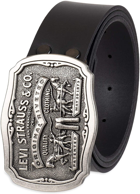 Levi's Men's Leather Belt with Stylish Plaque Buckle, Black Snap, 30-32