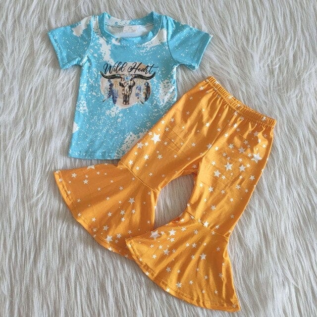 Camiseta con estampado de letras y sombrero de toro occidental con estampado de vaquero y campana de vaca para niños pequeños y niñas