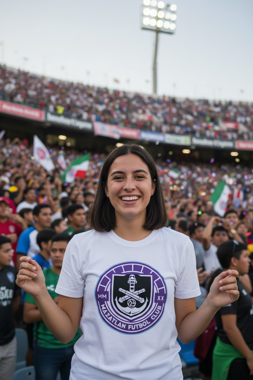 A smiling woman stands in a crowded stadium wearing a white Mazatlan FC t-shirt with a purple circular Mexican Futbol Club logo.