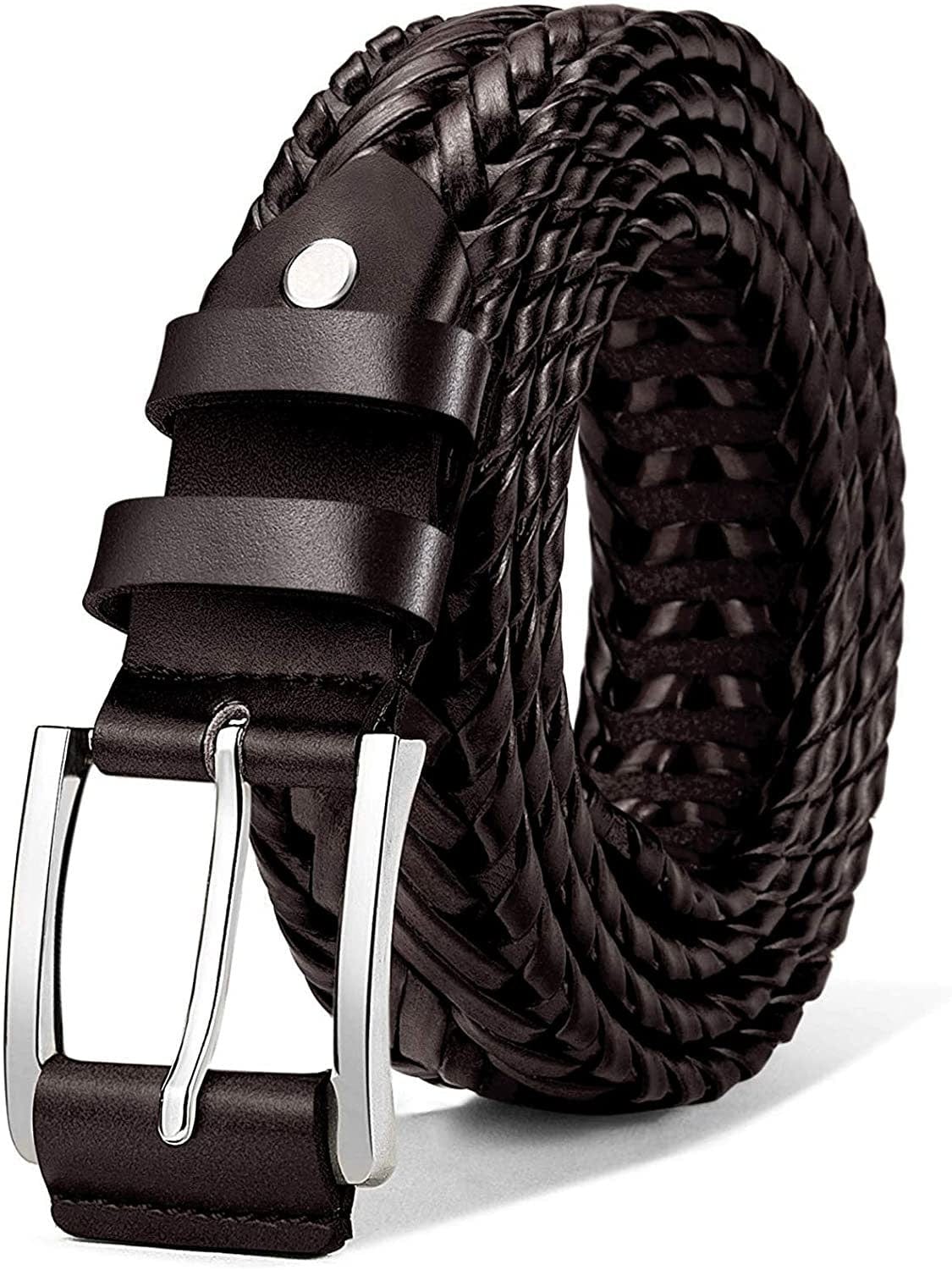 Bulliant Men's Woven Leather Belt – Braided Casual Belt for Jeans & Golf – Gift-Boxed, Adjustable Fit, Black, 30" 34" Waist Adjustable