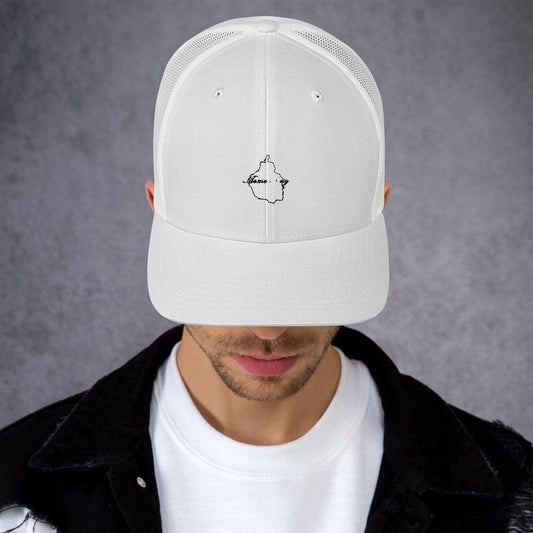 White trucker cap with mesh back and small front animal logo, adjustable snap