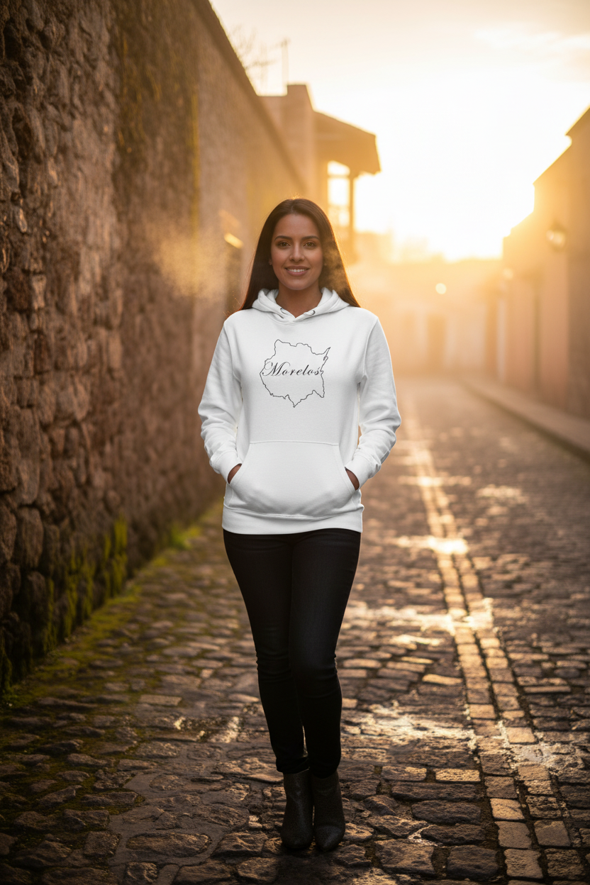 A white Morelos unisex premium hoodie with a hood and front pouch pocket, featuring a Morelos design on the front.