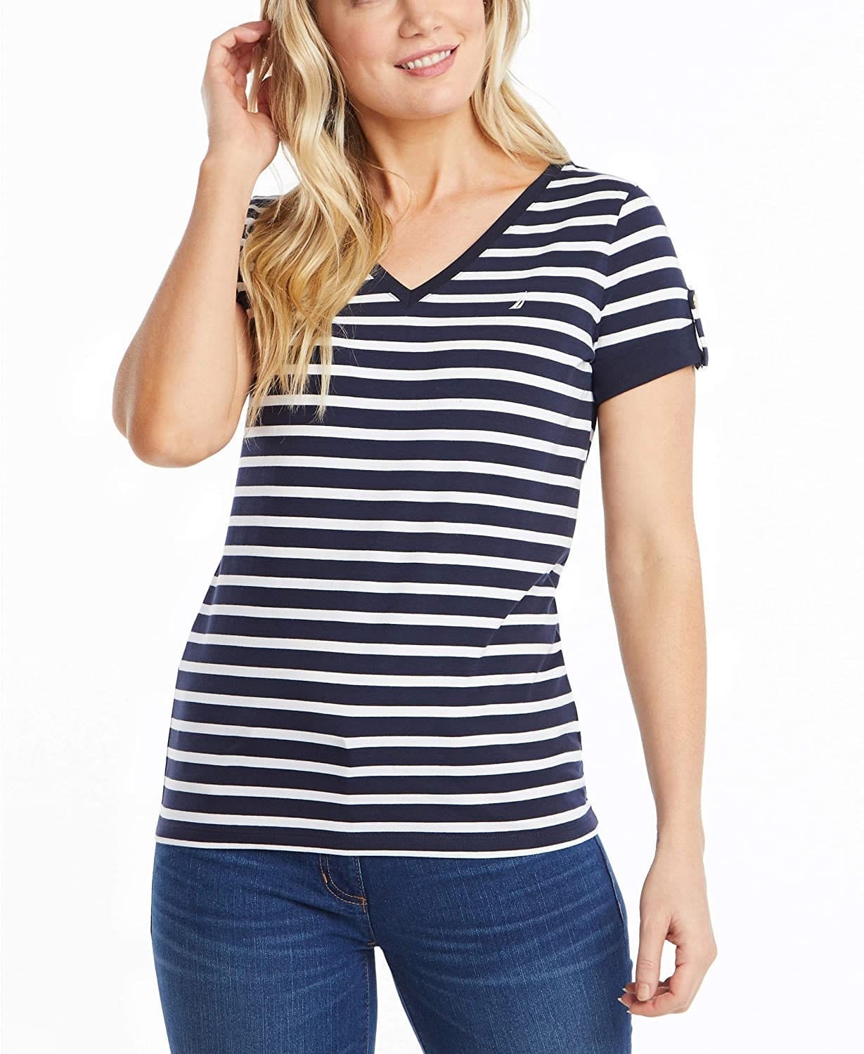 Nautica Women's Supersoft Stretch Cotton V-Neck Striped T-Shirt
