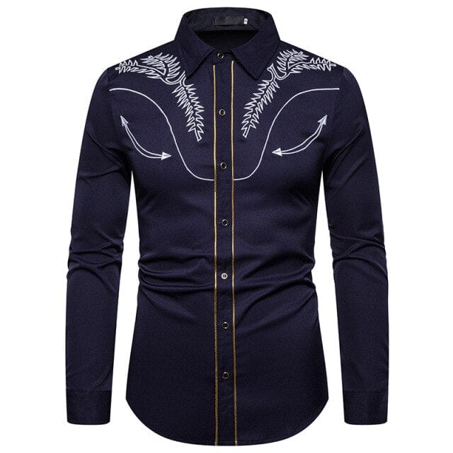 Men's Slim Fit Western Cowboy Shirt with Black Embroidery – Casual Long Sleeve Dress Shirt for Weddings & Tuxedos