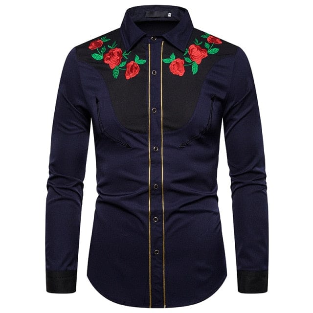Men's Western Cowboy Shirt – 2021 Fashion Slim Fit Button-Up with Rose Floral Embroidery, Long Sleeve Dress Shirt XXL