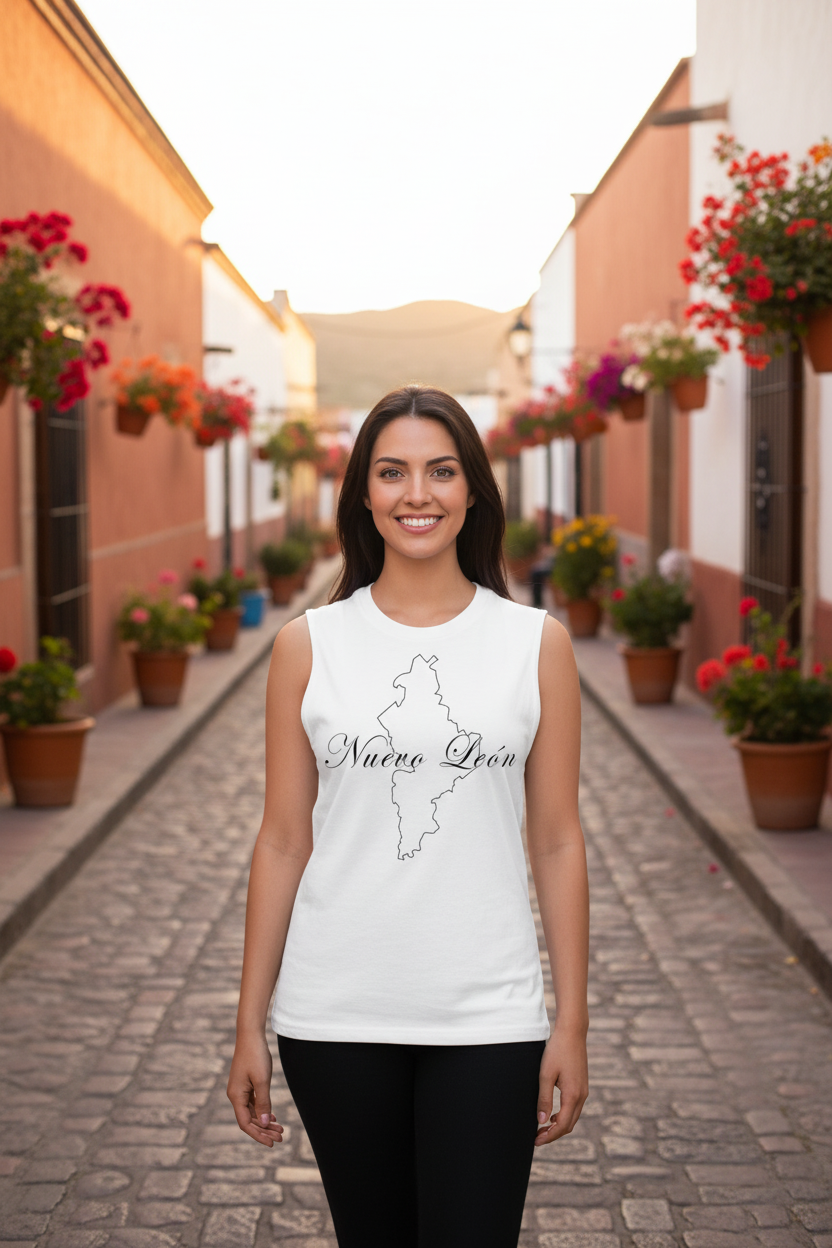 A woman wearing a white muscle shirt with 'Nuevo León' text and a shape depicting a map outline.