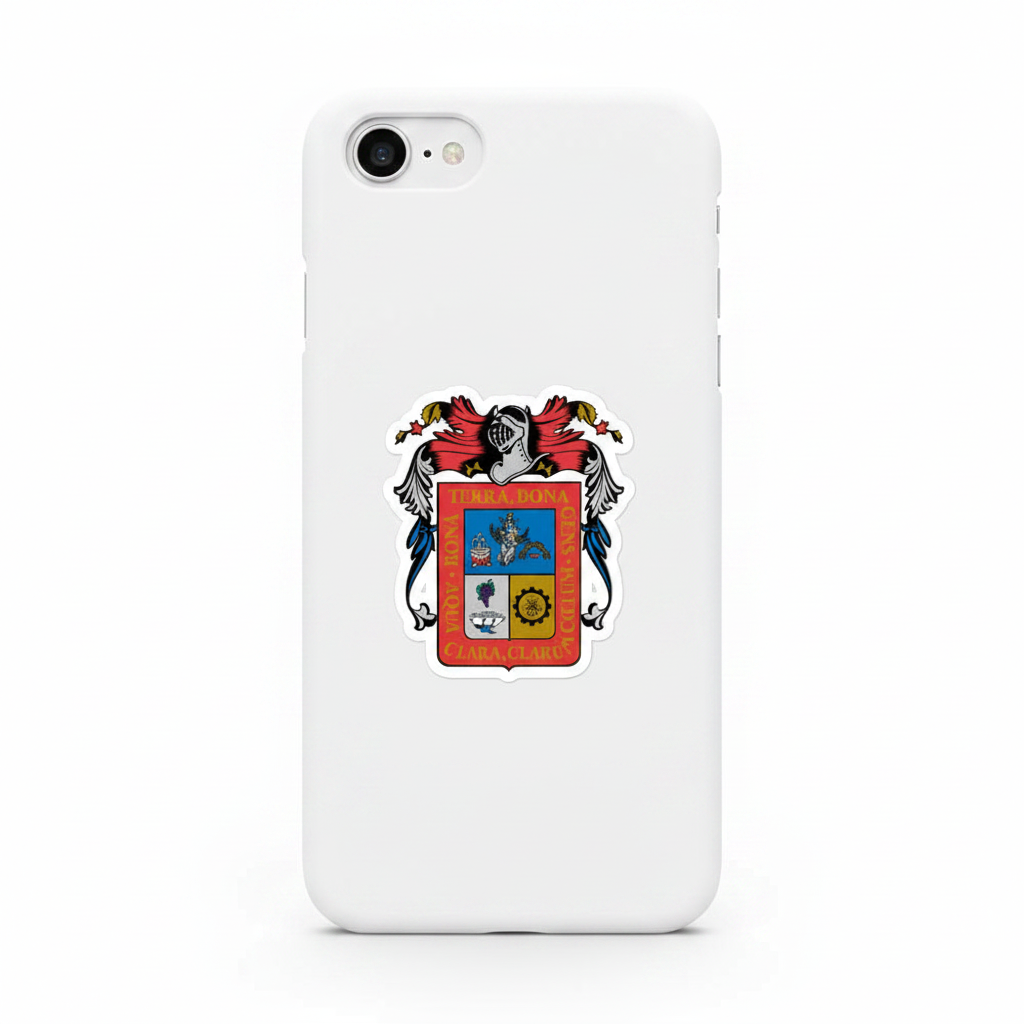 A sticker with the coat of arms of Aguascalientes, featuring a red shield with a blue sky and a white angel applied to a white phone case.