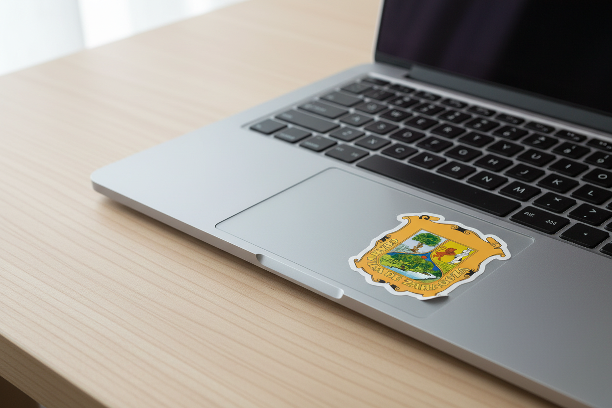A die cut bubble free sticker with the official coat of arms of Coahuila, predominantly yellow with a depiction of a tree and the text 'COAHUILA DE ZARAGOZA'. on topof a Macboo.
