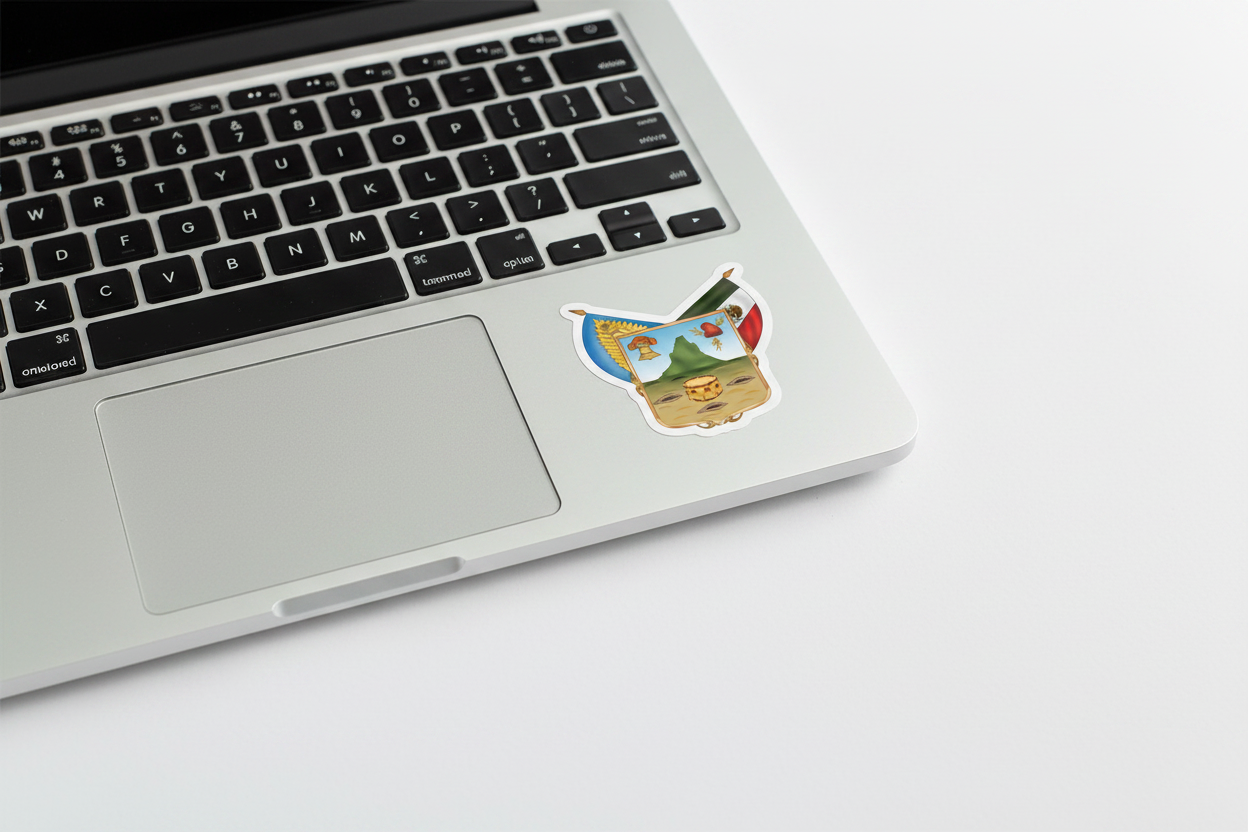 A sticker with the official coat of arms of Hidalgo, featuring a blue and white shield with a mountain, a helmet, and a golden emblem, applied next to the trackpad of a Macbook Pro.