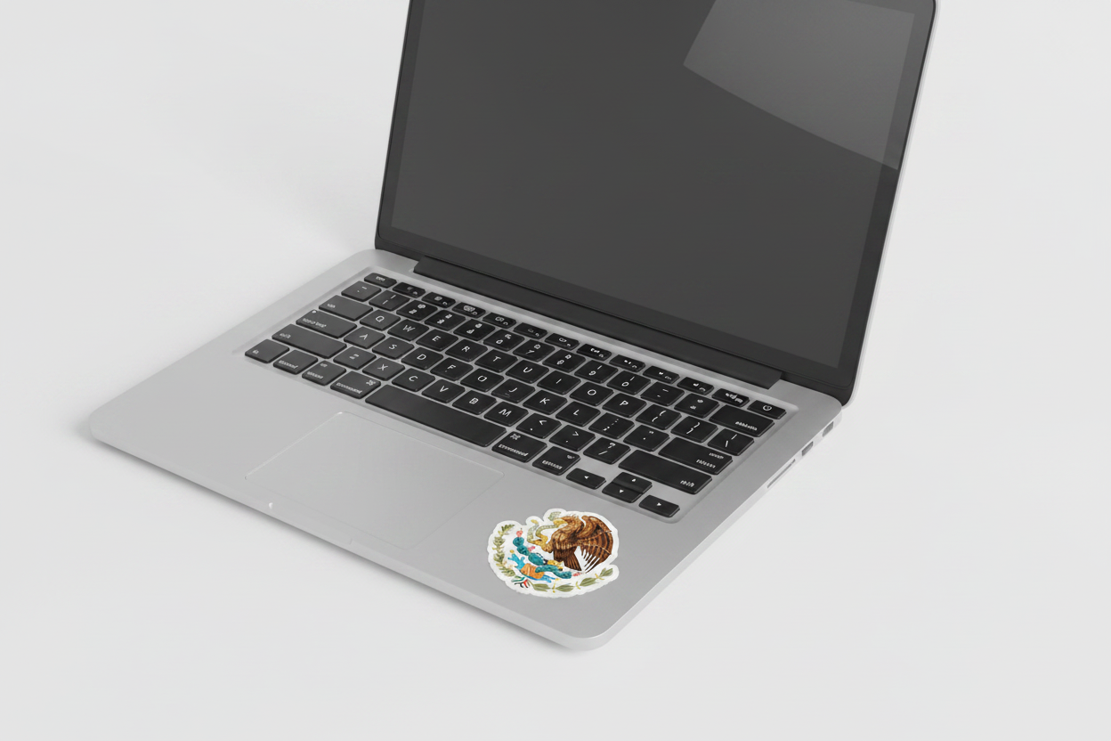 Sticker with the Official Coat of Arms of Mexico design, featuring an eagle with a snake in its beak, surrounded by a wreath applied next to the track pad of a laptop.