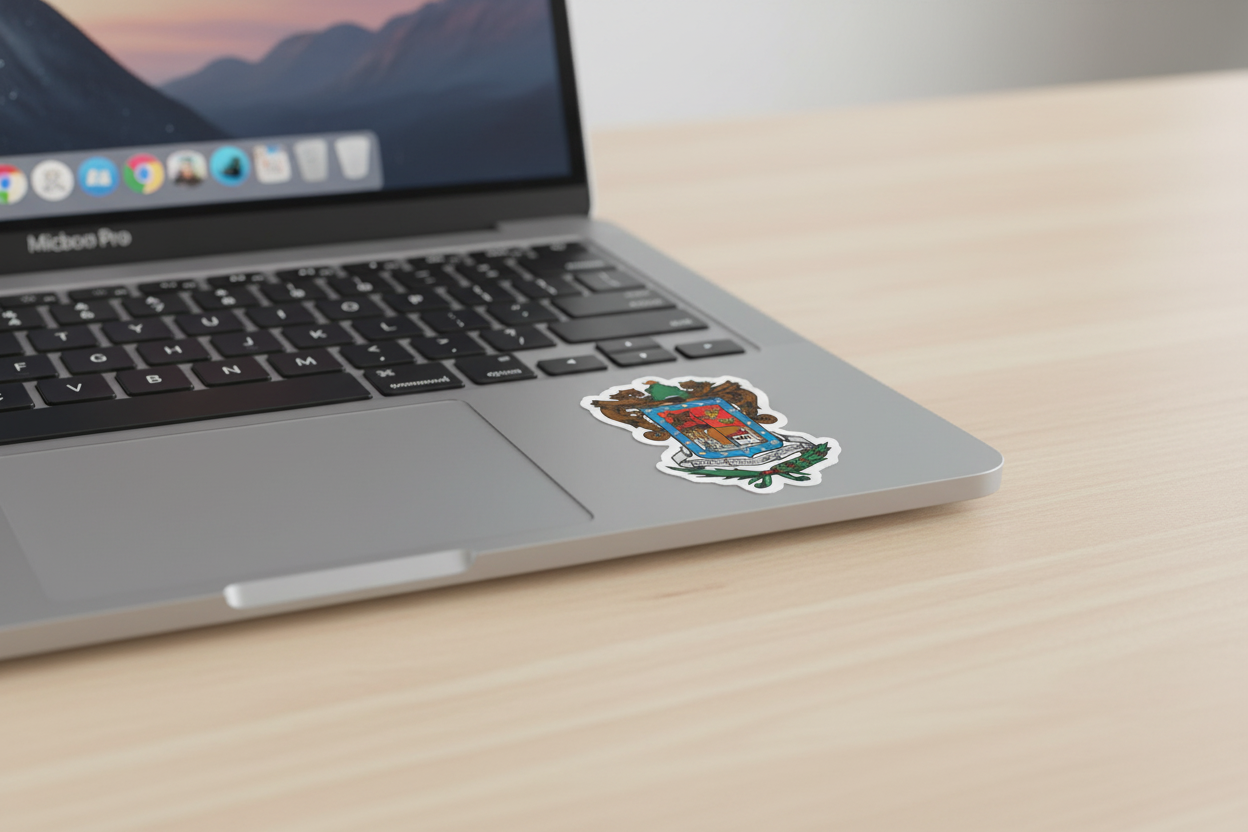 A sticker with the Official Coat of arms of Michoacan design, featuring a blue, red, and white color scheme with an emblem and floral elements.
