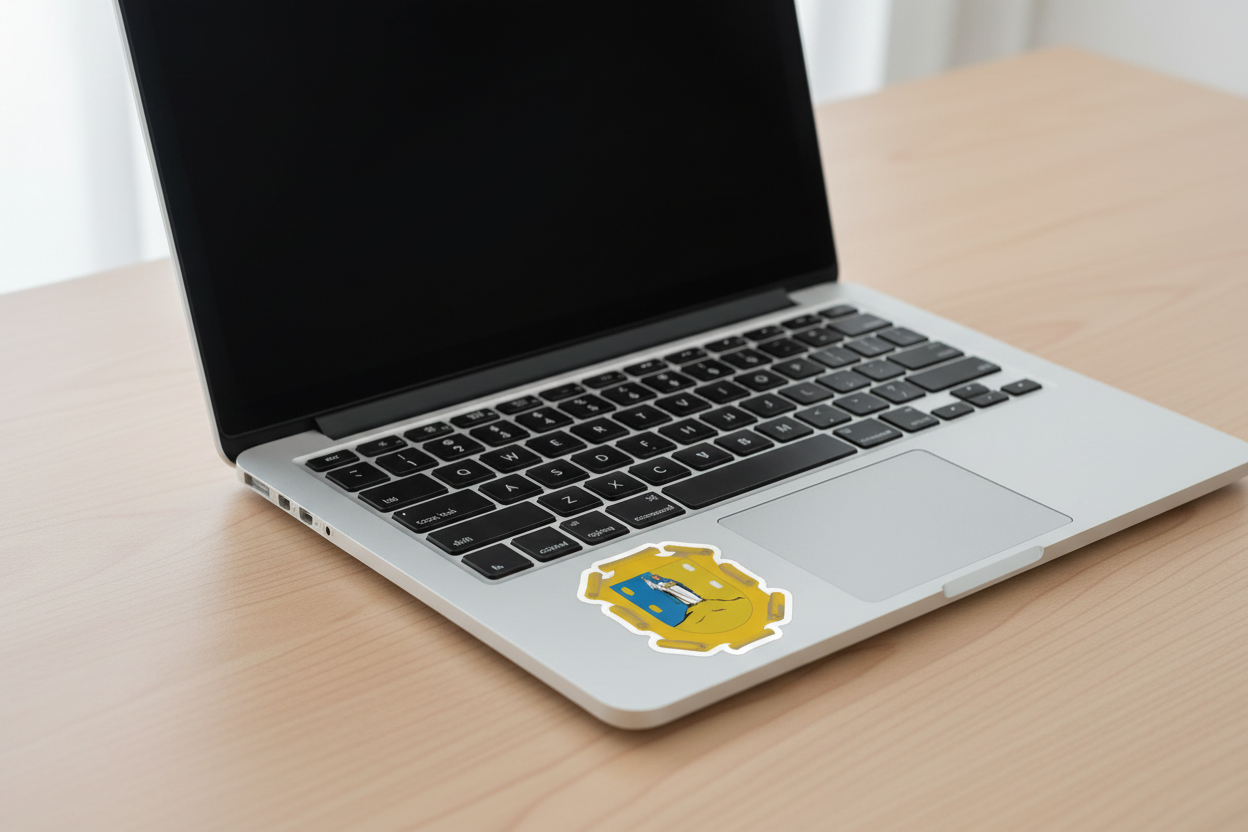 Sticker with the Official Coat of Arms of San Luis Potosi, featuring a yellow shield with a blue background, a figure, and a mountain. Next to the trackpad of a MacBook Pro.