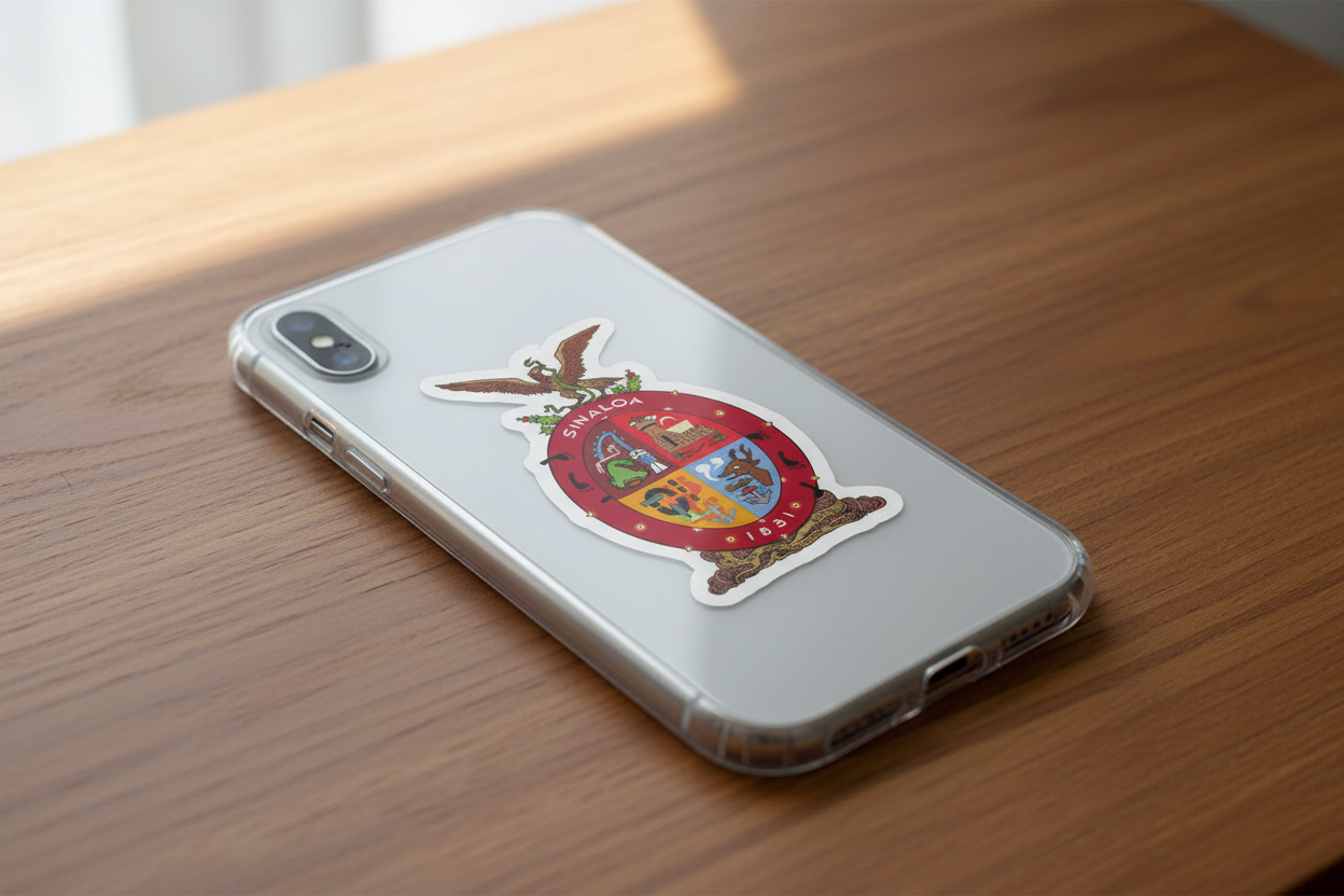 Clear phone case on a wooden surface featuring a die-cut bubble-free sticker of the official coat of arms of Sinaloa, Mexico. A red shield with gold border, white and gold eagle, and symbolic state emblems.