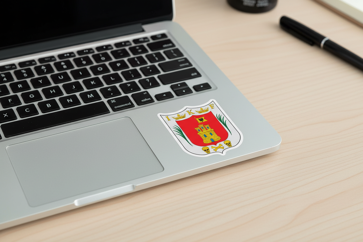 Official coat of arms of Tlaxcala die-cut sticker displayed on a silver laptop.