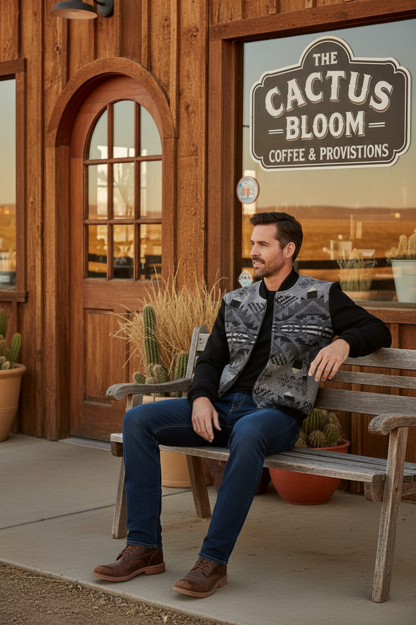 A man wearing a Pendleton men's zip jacket with geometric patterns on the front, primarily in black color, along with jeans.