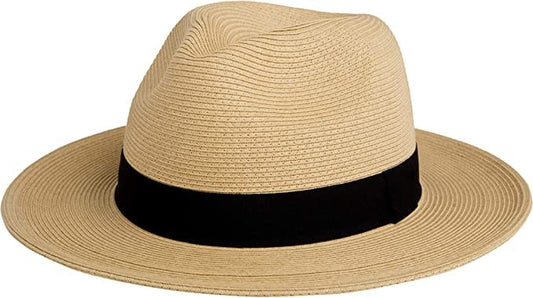Pineapple&Star Sun Straw Fedora Beach Hat Fine Braid UPF50+ for Unisex, Beige, One Size