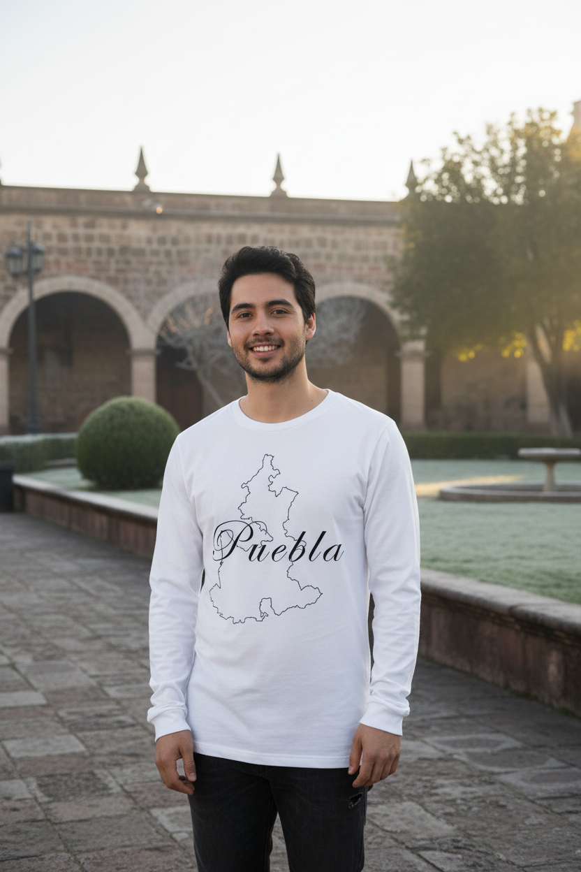 A man wearing a white long-sleeve t-shirt with a black outline map of Puebla and the word 'Puebla' written in script, standing outdoors in front of a stone archway and greenery.