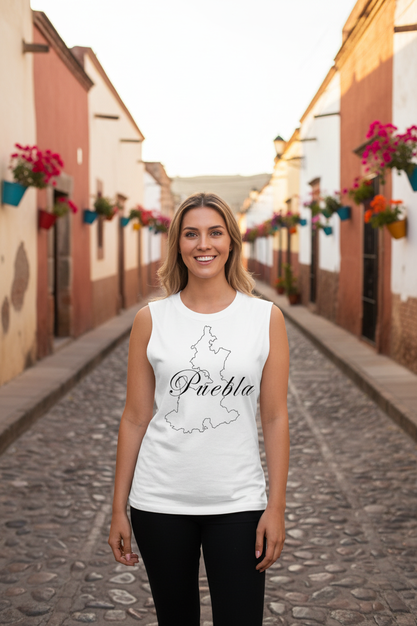 A woman wearing a white unisex muscle shirt with the text 'Puebla' and a silhouette of the city's map outline.
