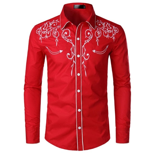 Men's Western Cowboy Embroidered Slim Fit Long Sleeve Shirt