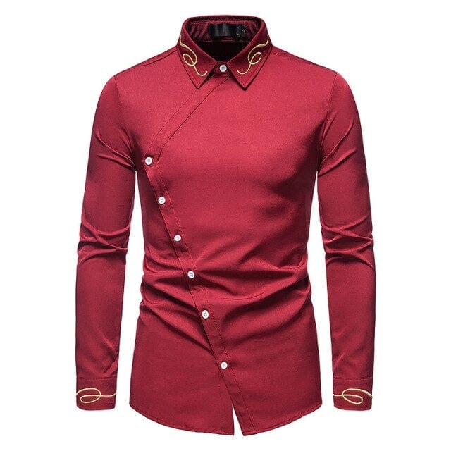 Men's Embroidered Western Cowboy Shirt – Fashion Oblique Button Irregular Design, Long Sleeve Cotton Casual Streetwear