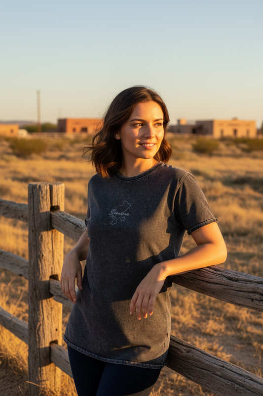 A woman wearing a short-sleeved black denim t-shirt with a round neckline.