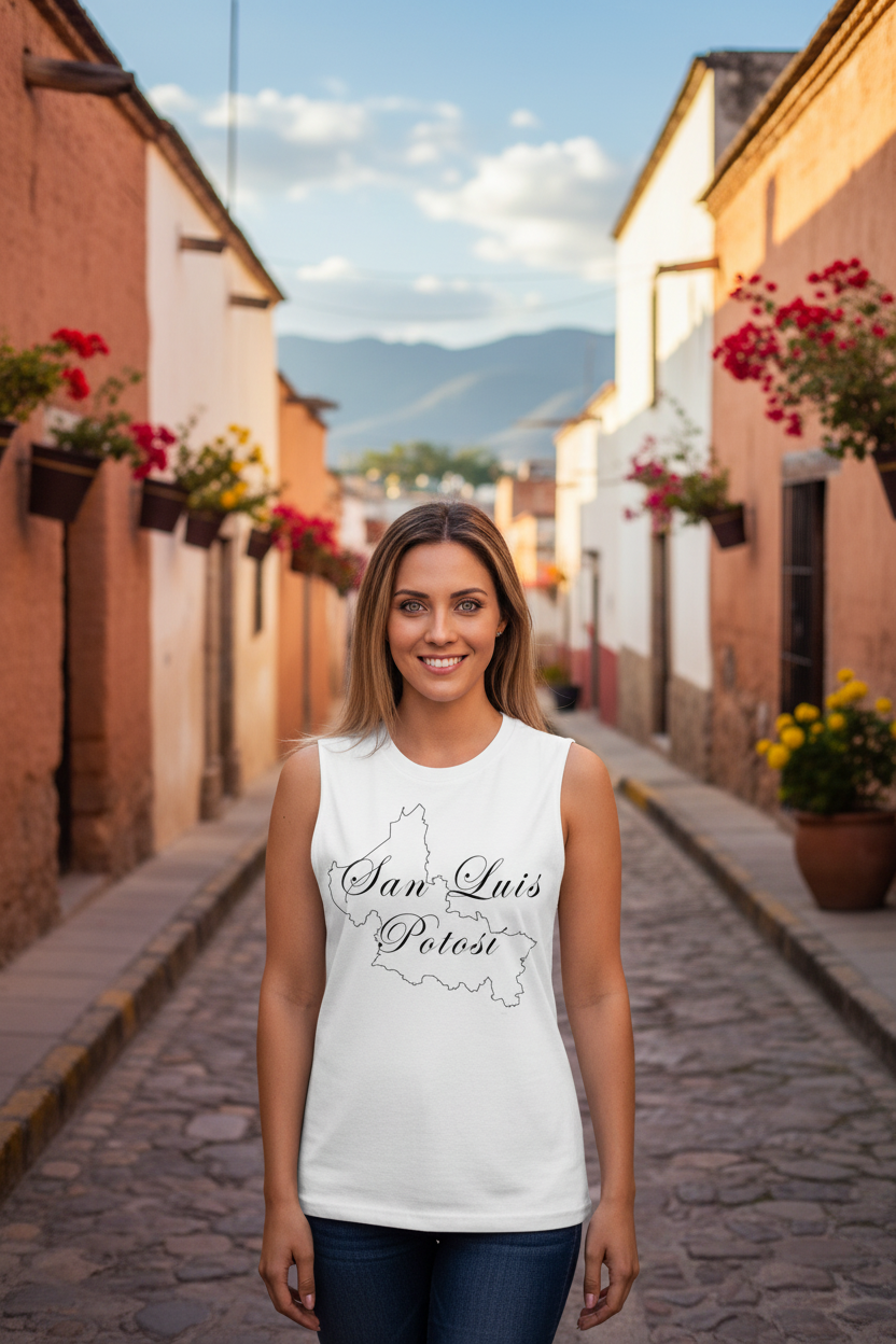 A woman wearing a white sleeveless muscle shirt with 'San Luis Potosi' text and a silhouette of the city's map.