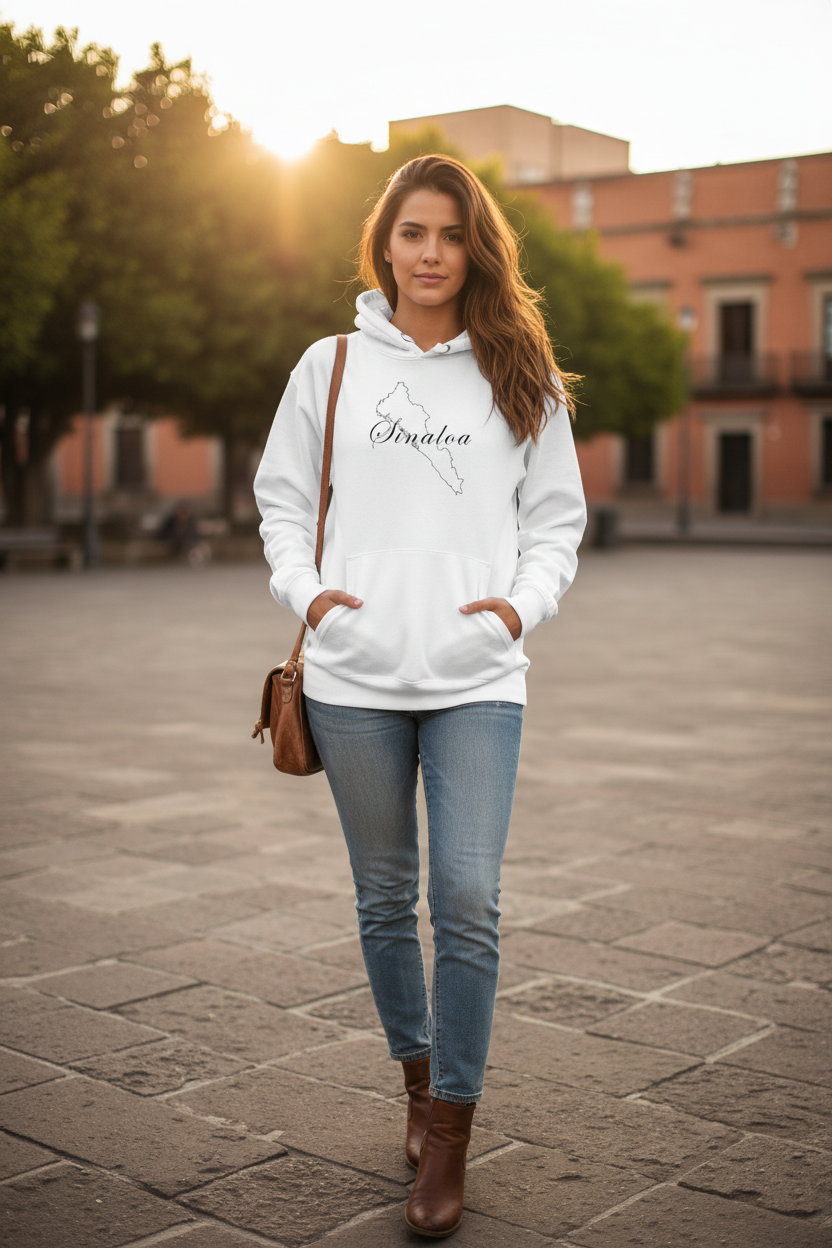 A woman stands in a sunlit outdoor plaza wearing a white pullover hoodie with a black outline graphic of the island of Jamaica and the word 'Jamaica' printed across the chest. She is styled with light blue skinny jeans, brown ankle boots, and a brown shoulder bag.