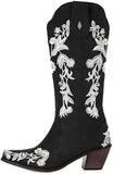 SO SIMPOK Women's Retro Western Cowboy Boots Butterflies Embroidered Mid Calf Chunky Heel Boots