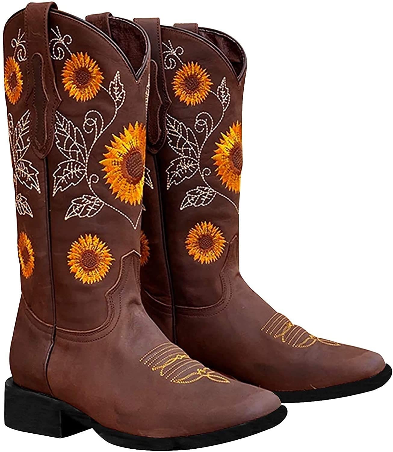 SO SIMPOK Women's Retro Western Cowboy Boots Butterflies Embroidered Mid Calf Chunky Heel Boots