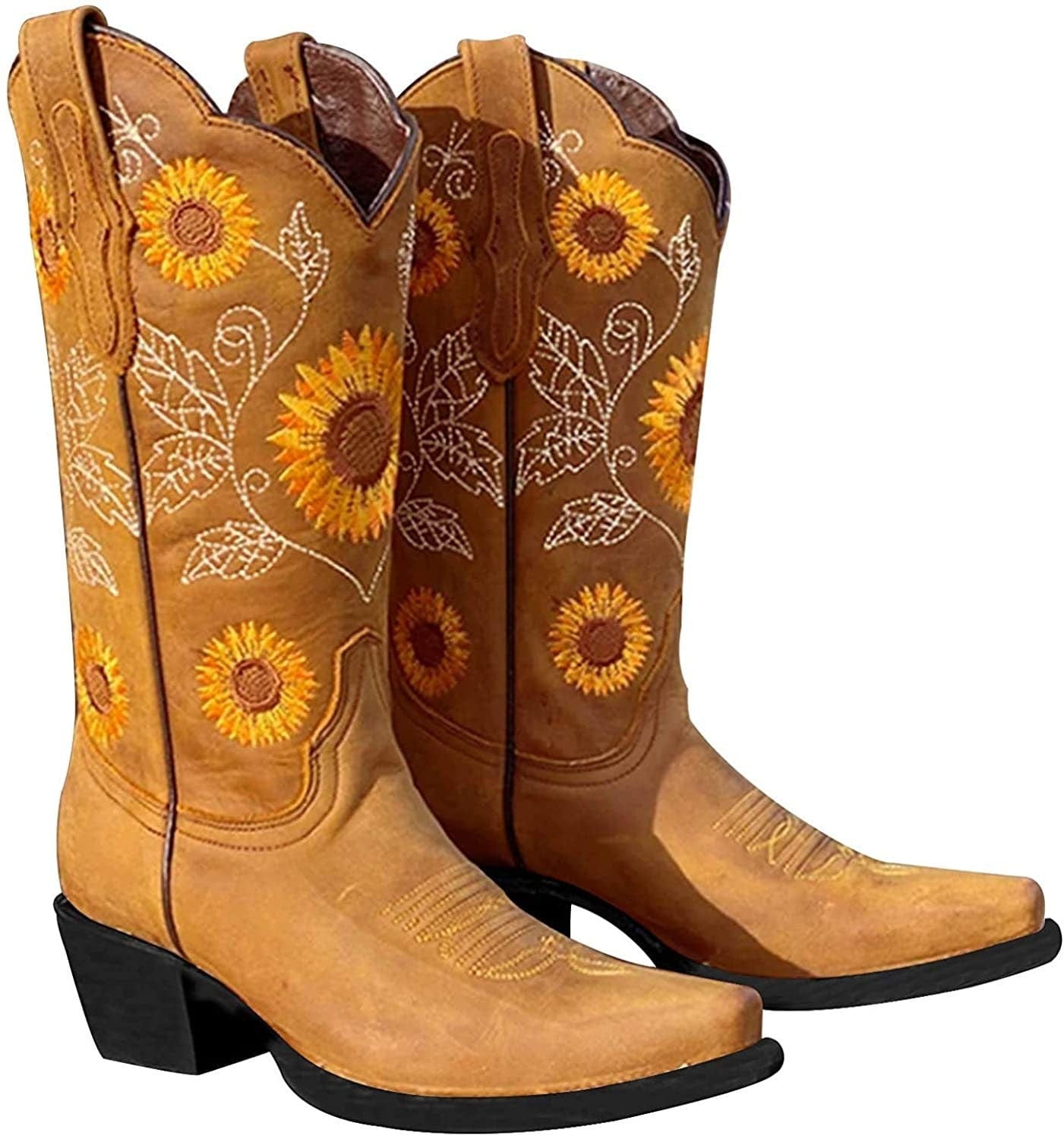SO SIMPOK Women's Retro Western Cowboy Boots Butterflies Embroidered Mid Calf Chunky Heel Boots