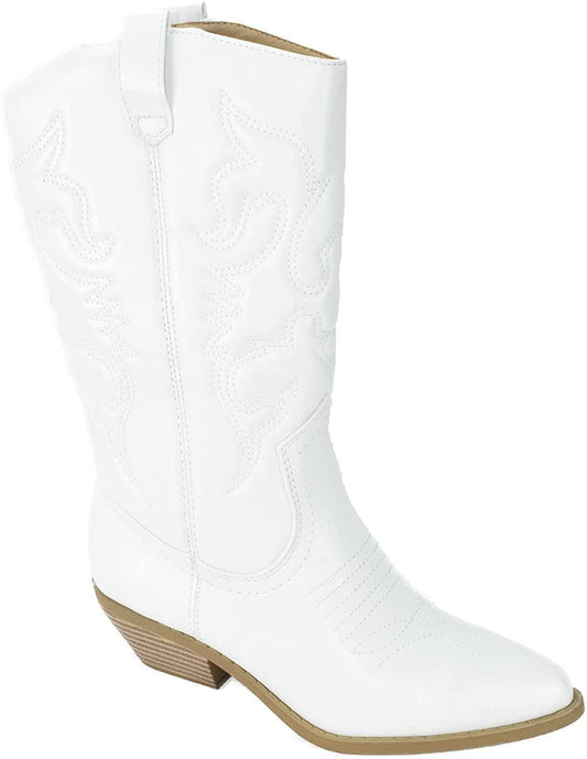 Soda Women's Red Reno Western Cowboy Pointed Toe Knee High Pull On Tabs Boots, 5.5, All white