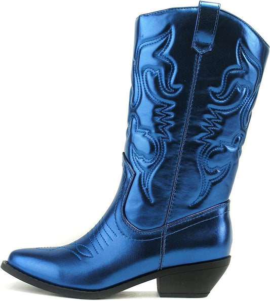 Soda Women's Red Reno Western Cowboy Pointed Toe Knee High Pull On Tabs Boots, 5.5, All white