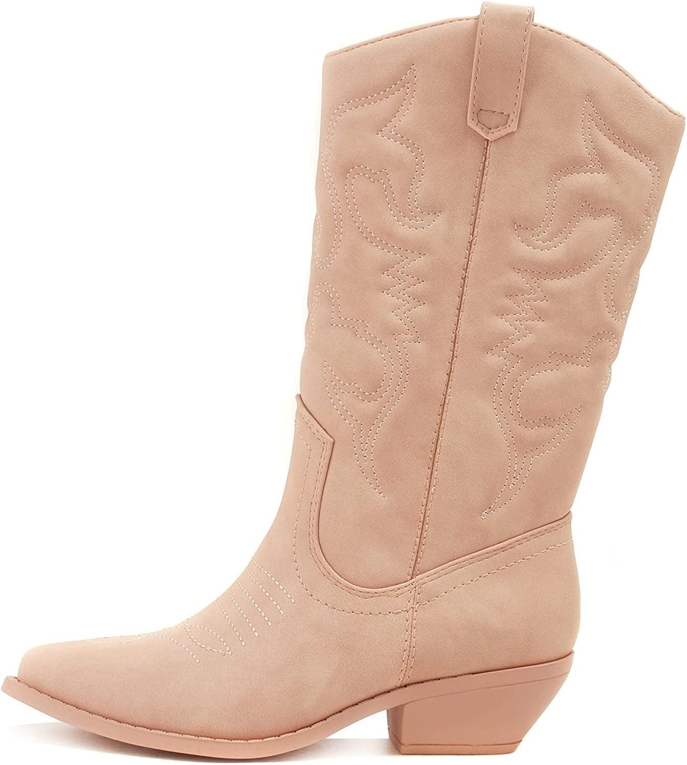 Soda Women's Red Reno Western Cowboy Pointed Toe Knee High Pull On Tabs Boots, 5.5, All white