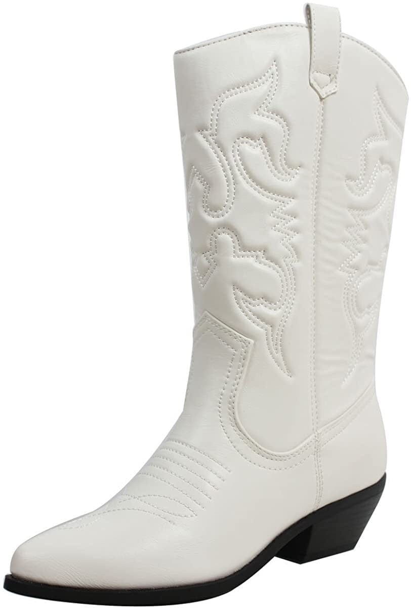 Soda Women's Red Reno Western Cowboy Pointed Toe Knee High Pull On Tabs Boots, 5.5, All white