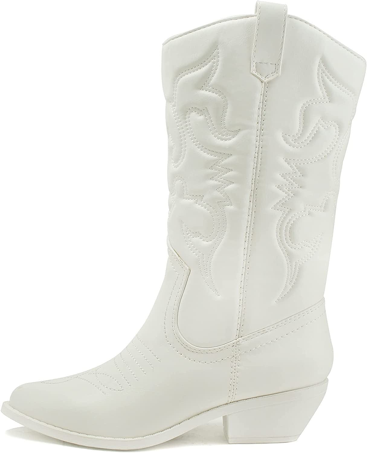 Soda Women's Red Reno Western Cowboy Pointed Toe Knee High Pull On Tabs Boots, 5.5, All white