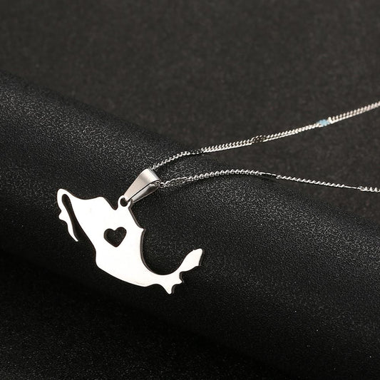 Stainless Steel Silver Color Mexico Map Pendant Necklace Trendy Mexican Maps Jewelry, Silver, One Size