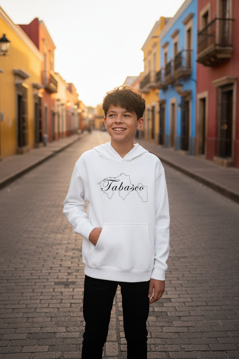 A child wearing a white fleece hoodie with 'Tabasco' text on it.