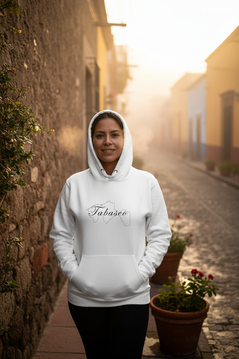 White Tabasco hoodie with a 3 panel hood and front pouch pocket.