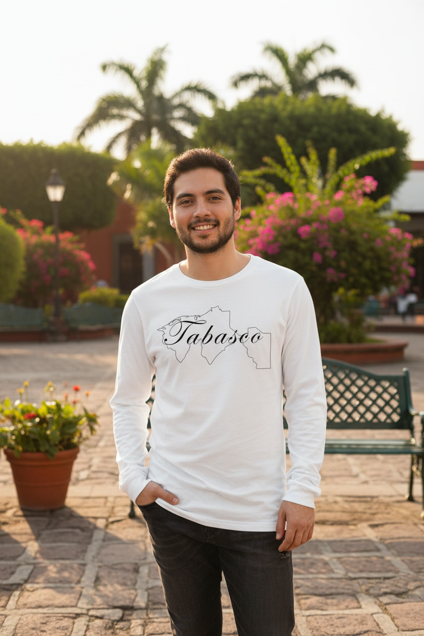 A person wearing a white long sleeve T-shirt with 'Tabasco' text on the front.