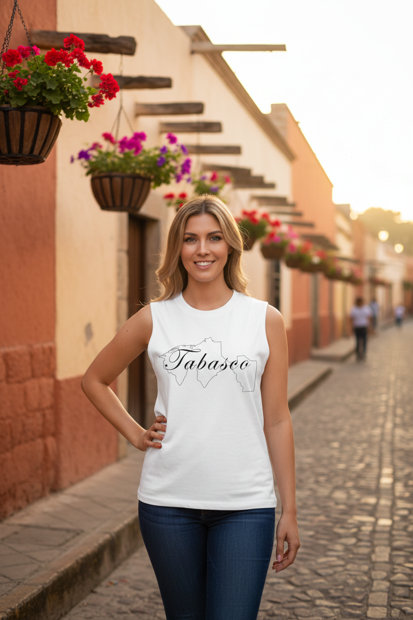 A person wearing a white sleeveless muscle tank top with the text 'Tabasco' printed on the front.