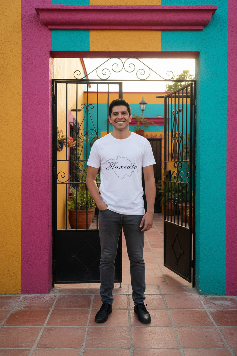 A person wearing a white short-sleeved T-shirt with the word 'Tlaxcala' printed in black script on the front.