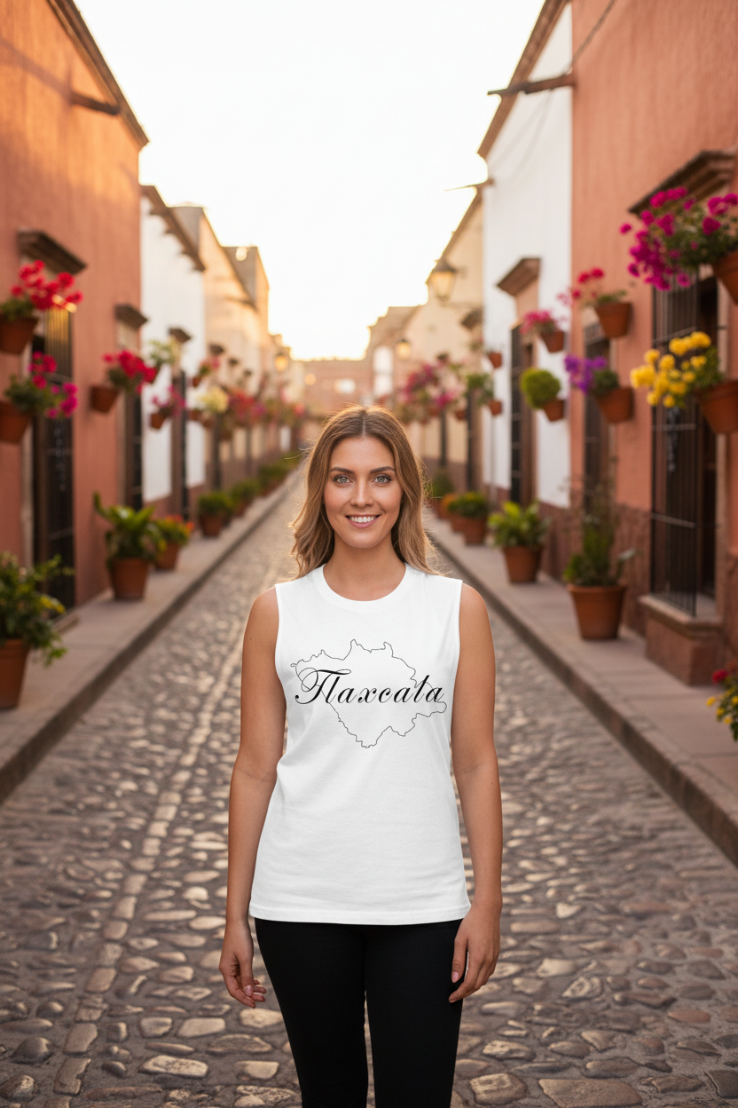 A woman wearing a white unisex muscle tank top with the text 'Tlaxcala' written in a stylized font on the front.