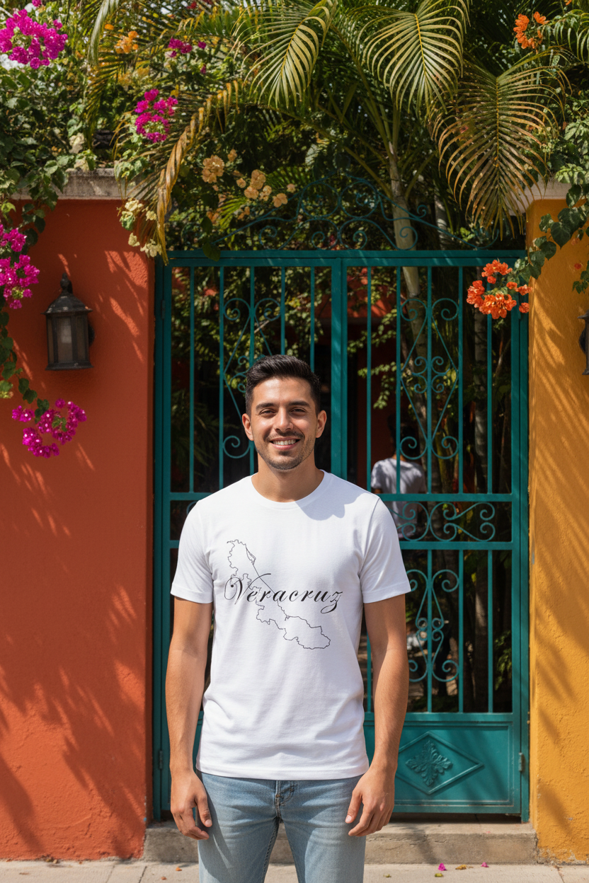 A person wearing a white short-sleeved T-shirt with the text 'Veracruz' printed on the front.